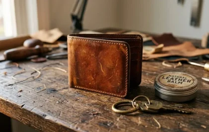 Weathered full-grain leather wallet with rich patina, vintage brass key ring, and natural leather balm tin on a rustic oak workbench – Roaming Lifestyle