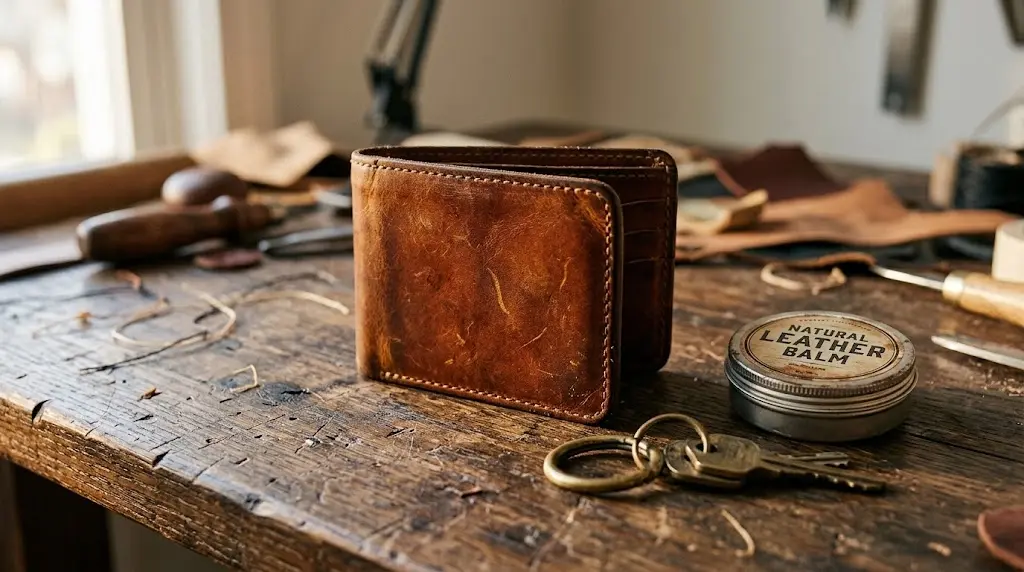 Weathered full-grain leather wallet with rich patina, vintage brass key ring, and natural leather balm tin on a rustic oak workbench – Roaming Lifestyle