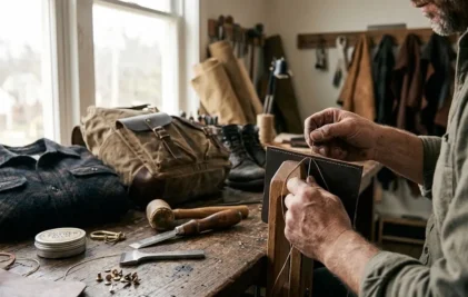 Craftsman's hands stitching vegetable-tanned leather using a wooden pony on a cluttered workbench in a sunlit artisan workshop – Roaming Lifestyle