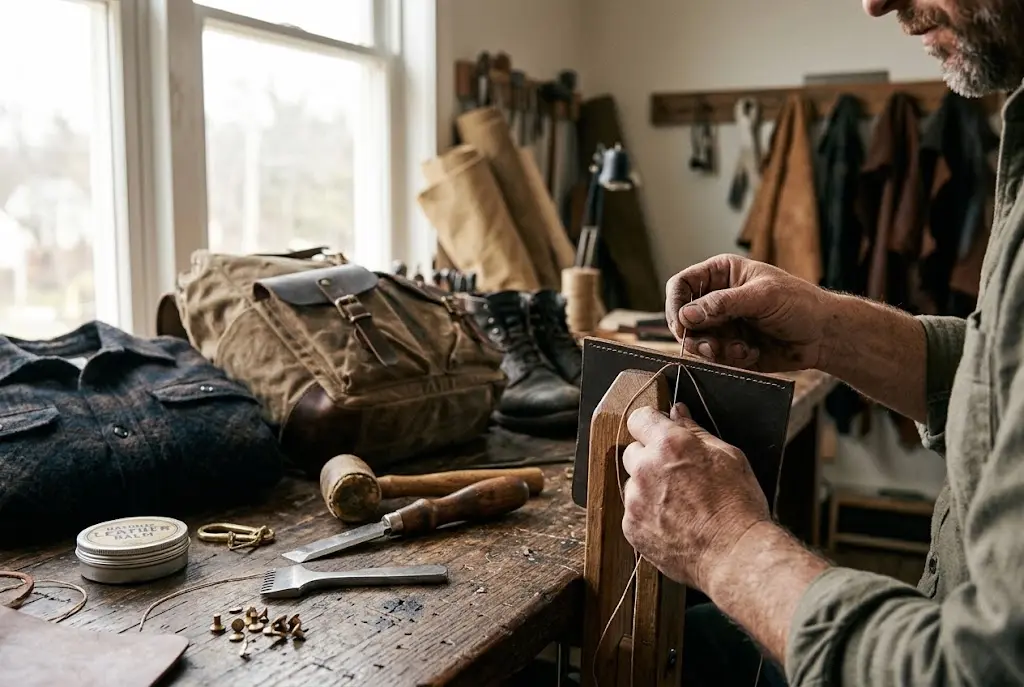 Craftsman's hands stitching vegetable-tanned leather using a wooden pony on a cluttered workbench in a sunlit artisan workshop – Roaming Lifestyle
