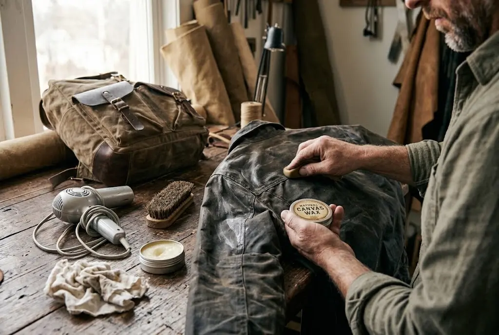 Hands applying natural canvas wax bar to a rugged field jacket on an oak workshop bench next to a hairdryer, brush, and waxed rucksack – Roaming Lifestyle