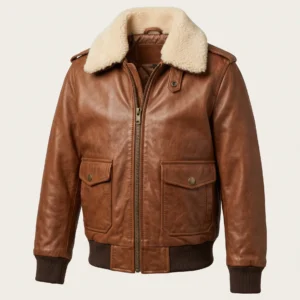 Kids’ brown vintage aviator leather bomber jacket with detachable cream faux-shearling collar, ribbed cuffs, and snap utility pockets on a studio background – Roaming Lifestyle