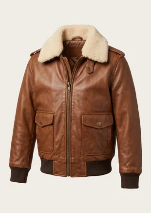 Kids’ brown vintage aviator leather bomber jacket with detachable cream faux-shearling collar, ribbed cuffs, and snap utility pockets on a studio background – Roaming Lifestyle