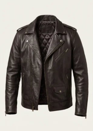 Men’s black leather biker jacket with asymmetrical zip and quilted lining on plain studio background – Roaming Lifestyle