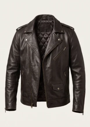Men’s black leather biker jacket with asymmetrical zip and quilted lining on plain studio background – Roaming Lifestyle