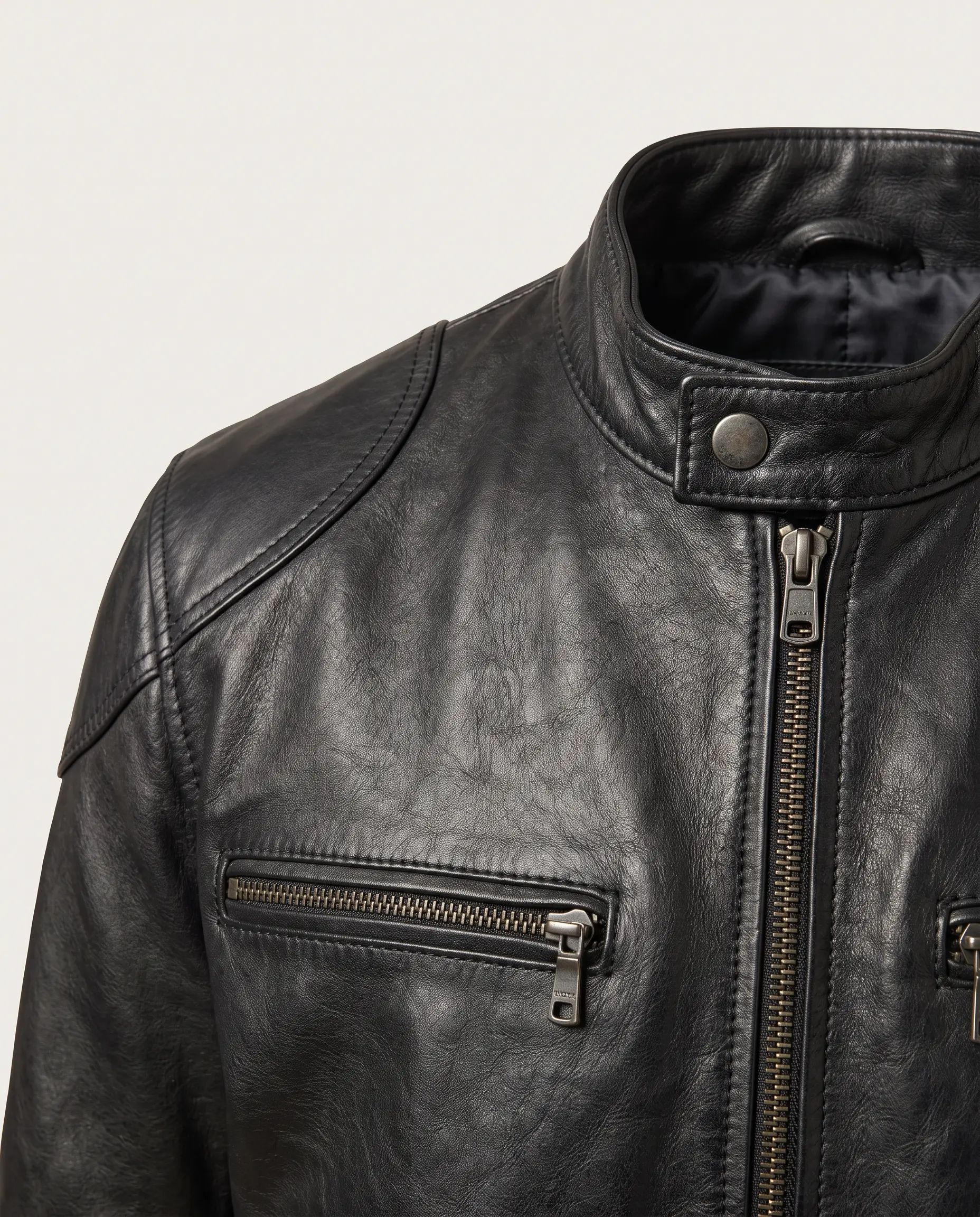 Close-up detail of men's black leather café racer jacket showing snap-tab mandarin collar, antique gunmetal YKK zipper, chest zip pocket, and reinforced shoulder panel – Roaming Lifestyle