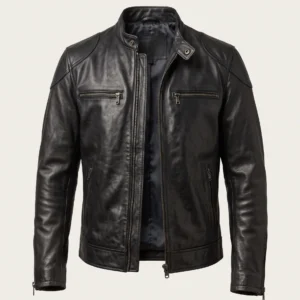 Men’s black vintage café racer leather jacket with snap-tab mandarin collar, zip chest and side pockets, and zippered cuffs on a studio background – Roaming Lifestyle