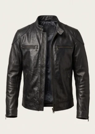 Men’s black vintage café racer leather jacket with snap-tab mandarin collar, zip chest and side pockets, and zippered cuffs on a studio background – Roaming Lifestyle