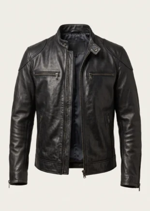 Men’s black vintage café racer leather jacket with snap-tab mandarin collar, zip chest and side pockets, and zippered cuffs on a studio background – Roaming Lifestyle