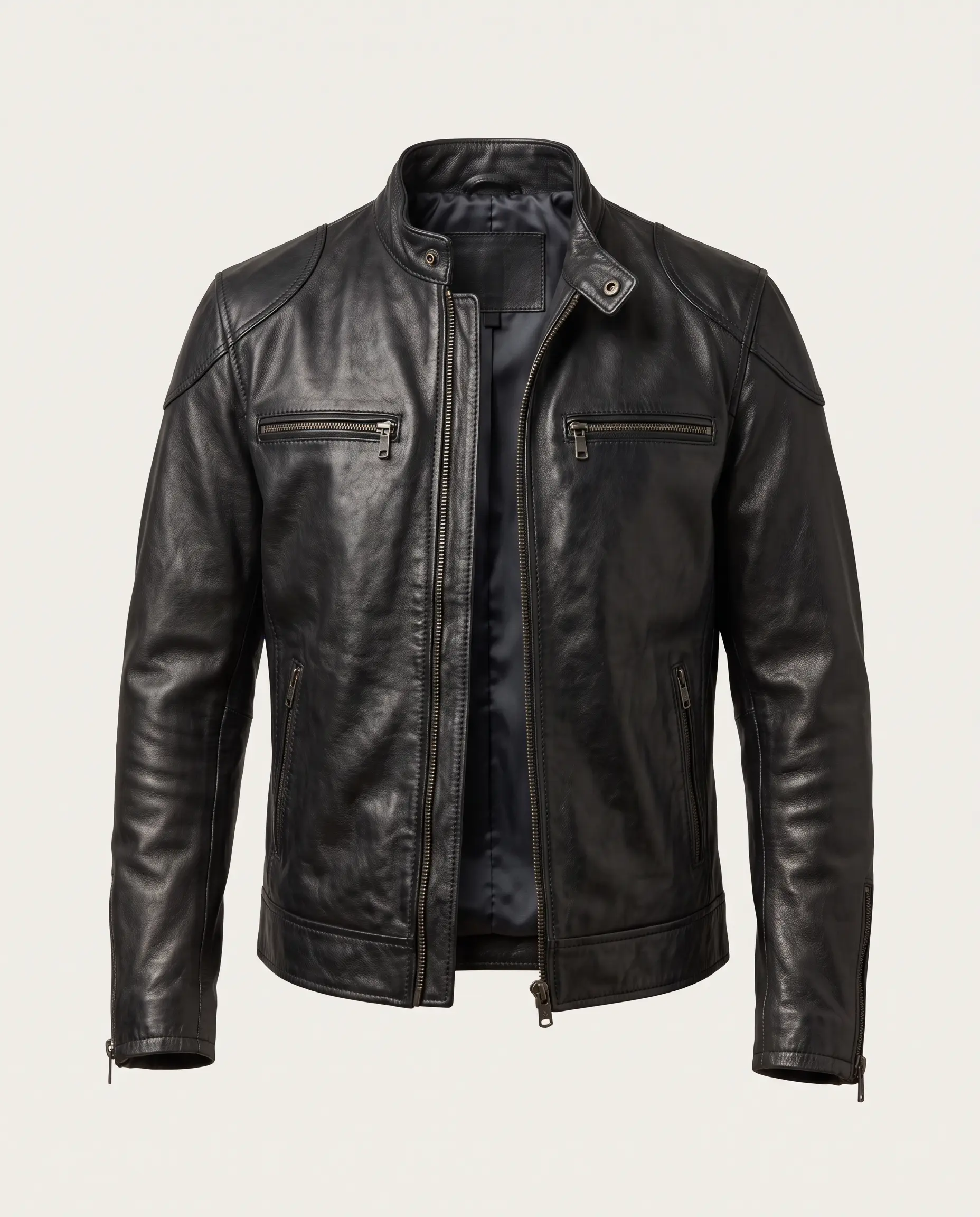 Men’s black vintage café racer leather jacket with snap-tab mandarin collar, zip chest and side pockets, and zippered cuffs on a studio background – Roaming Lifestyle