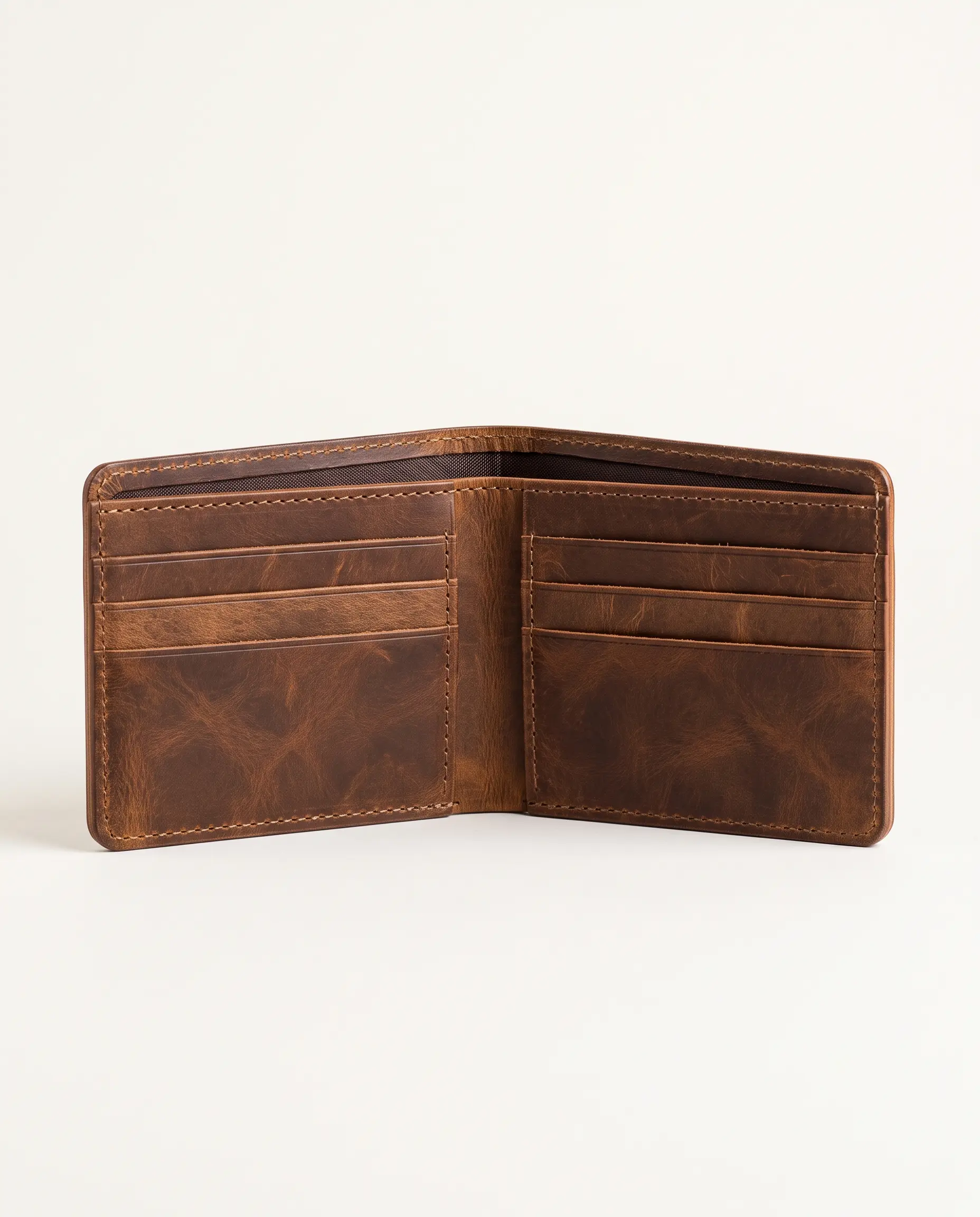 Interior view of open tobacco brown full-grain leather bifold wallet showing card slots, slip pockets, full-length cash compartment, and contrast stitching on a plain studio background – Roaming Lifestyle