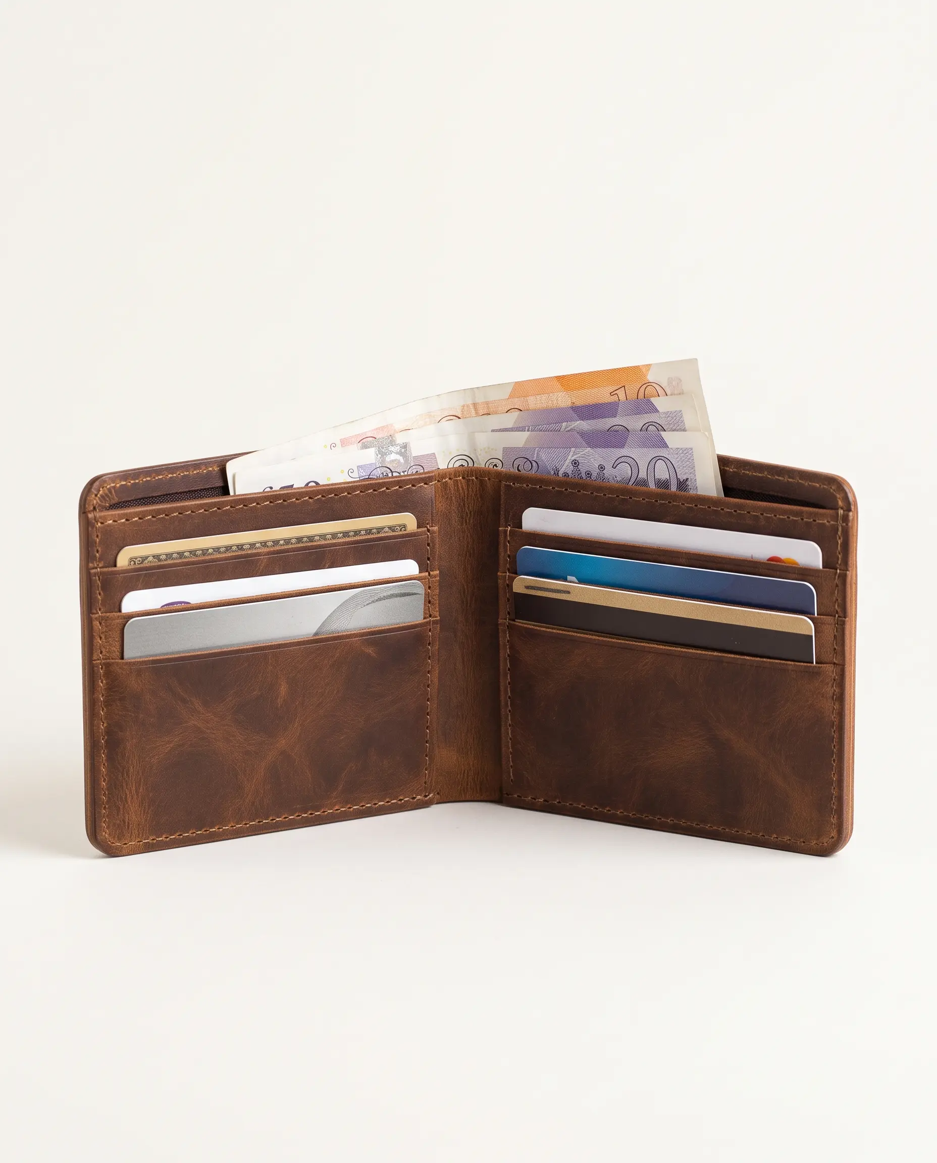 Handcrafted tobacco brown full-grain leather bifold wallet open and filled with cards and bank notes showing everyday carry capacity on a plain studio background – Roaming Lifestyle
