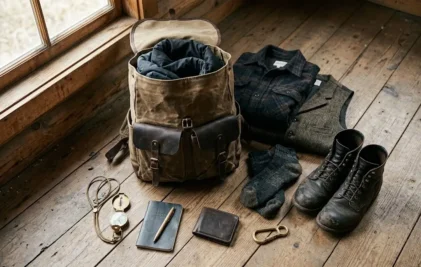 Flat lay of a packed waxed canvas rucksack, wool tweed vest, rugged leather boots, notebook, and brass pocket compass on a rustic wooden floor – Roaming Lifestyle