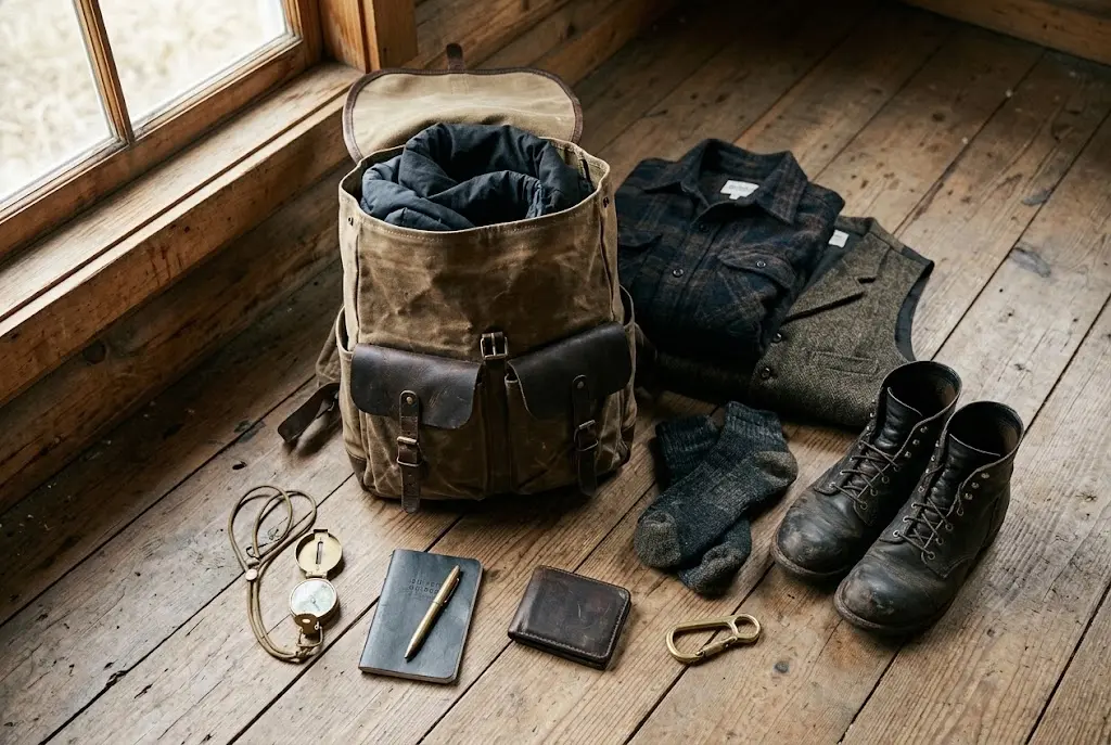 Flat lay of a packed waxed canvas rucksack, wool tweed vest, rugged leather boots, notebook, and brass pocket compass on a rustic wooden floor – Roaming Lifestyle