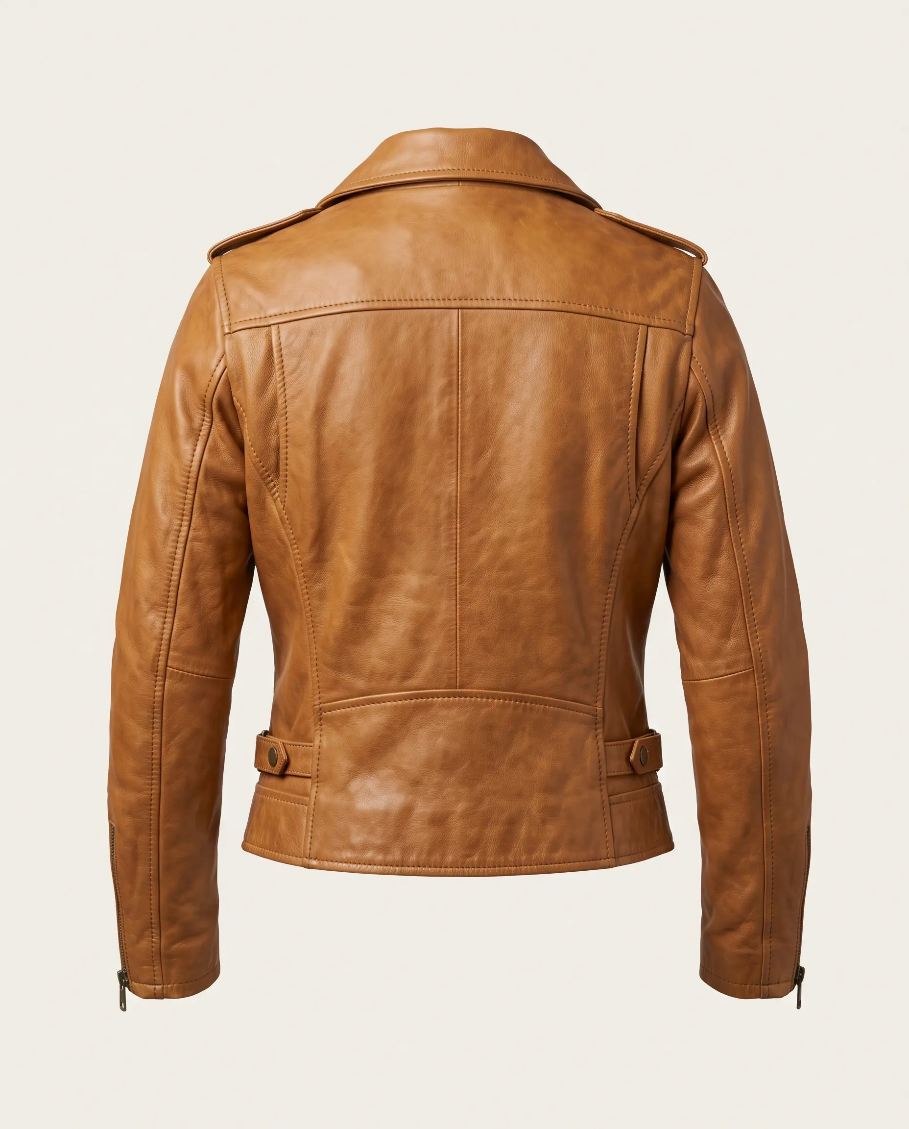 Back view of women's tan leather moto jacket showing a contoured slim fit, shoulder yoke, paneled stitching, and side waistband snaps on a plain studio background – Roaming Lifestyle
