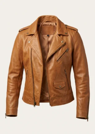 Women’s tan leather moto jacket with asymmetrical zip and snap-down lapels on a plain studio background – Roaming Lifestyle