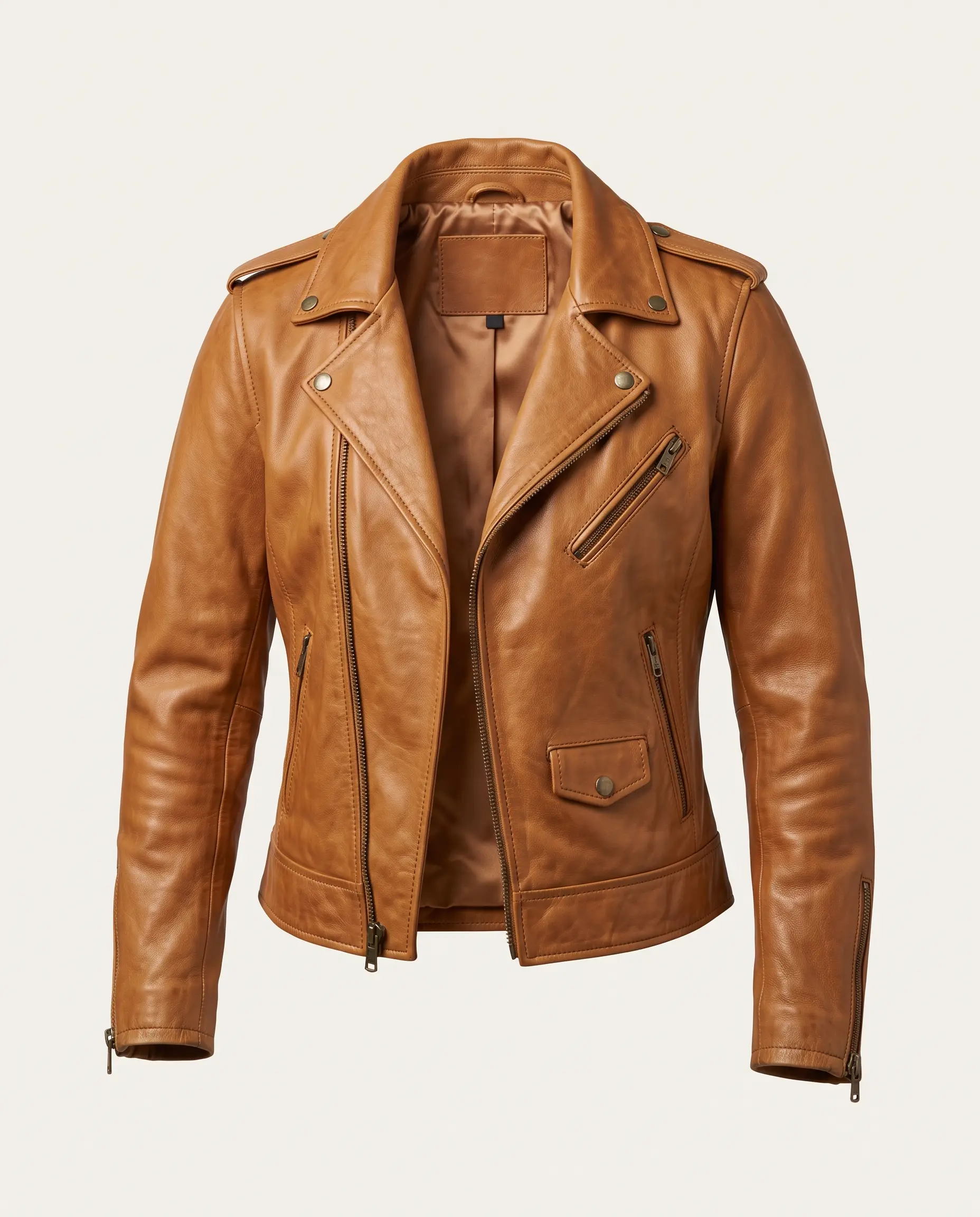 Women’s tan leather moto jacket with asymmetrical zip and snap-down lapels on a plain studio background – Roaming Lifestyle
