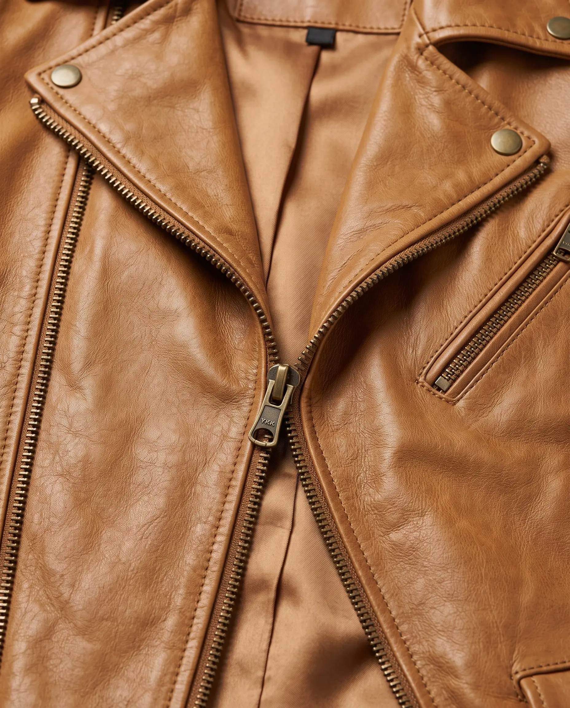 Close-up detail of women's tan leather moto jacket showing textured honey-tan grain, YKK brass zip pull, stitched lapel, and smooth matching interior lining – Roaming Lifestyle