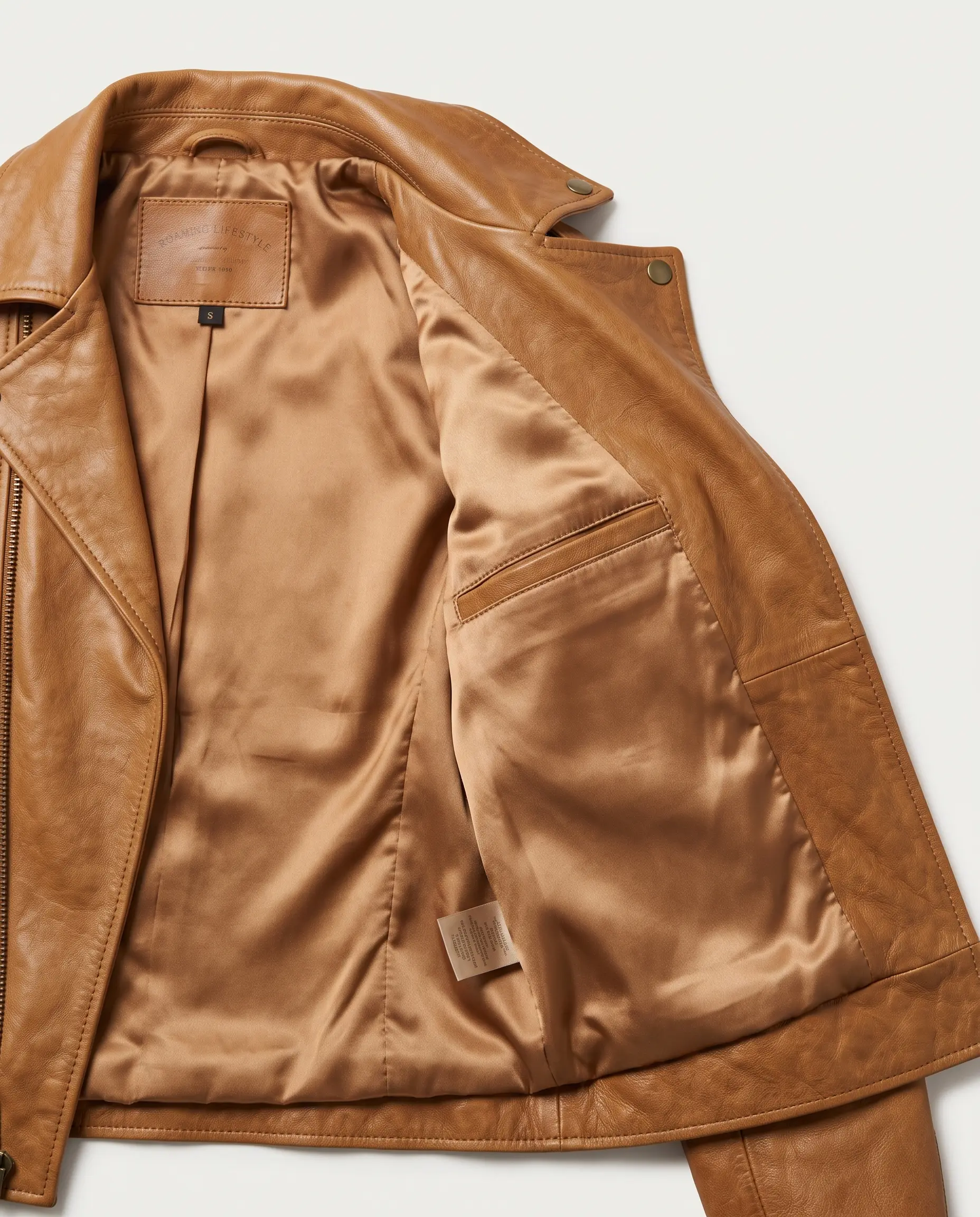 Interior view of women’s tan leather moto jacket showing honey-tan satin lining, inner chest pocket, brand label, and care tag on plain studio background – Roaming Lifestyle
